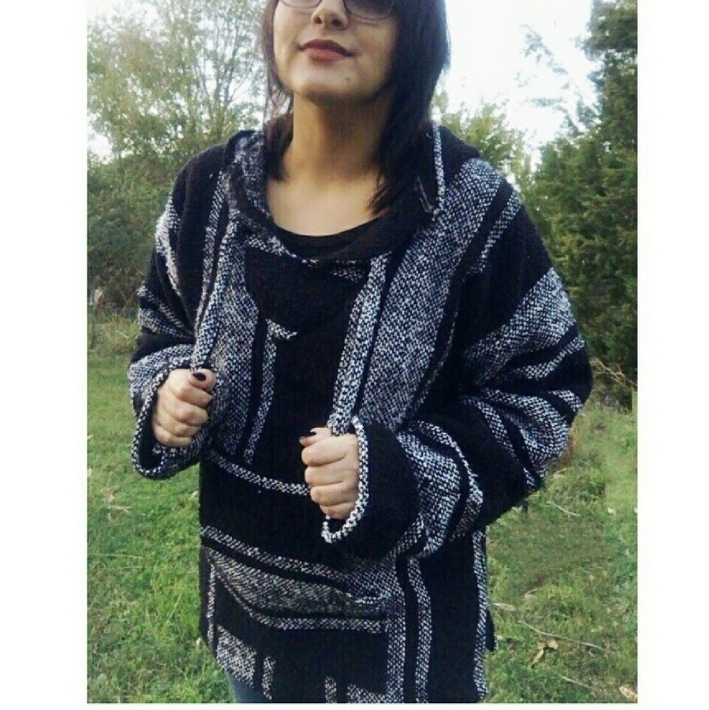 Vintage Boho Baja Poncho Hoodie